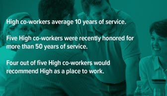 An infographic stating that High co-workers average 10 years of service.