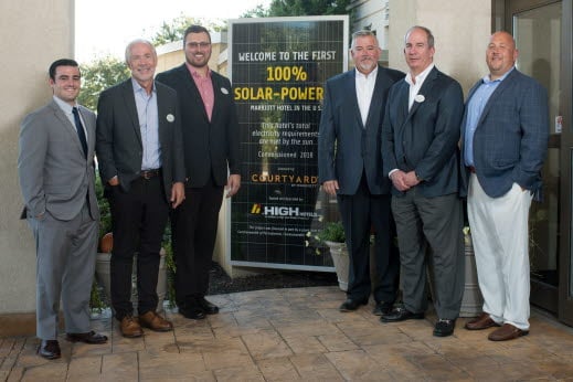 Pictured (L-R): Greg Welker, Director of CFA Programs Division, Pennsylvania Department of Community & Economic Development; Russ Urban, President, High Hotels Ltd.; Jeremy Geib, General Manager, High Hotels; Mike Lorelli, Senior Vice President – Commercial Asset Management, High Associates Ltd.; Tony Seitz, Vice President – Development, High Associates; Ty Esbenshade, Vice President of Sales and Marketing, MVE Group Inc., the contractor for the solar installation.