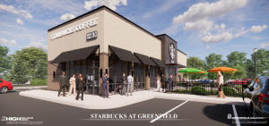Exterior view of new Greenfield Starbucks