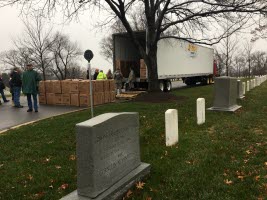 Wreathes Across America team members ready Gaylord boxes of wreathes unloaded from High Transit LLC’s truck in Arlington National Cemetery.